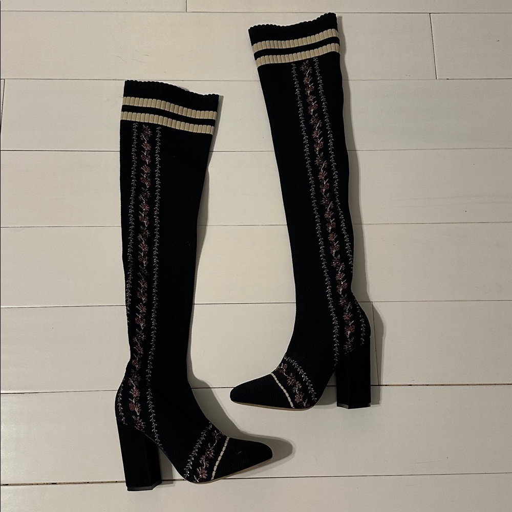 Tabitha Simmons Irina Stripe Knit Stretch Thigh High Heeled Boots Black Size 37 - Picture 2 of 9